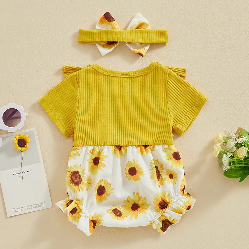 Baby Girls Summer Clothes Cute Sunflower and Floral Romper Set with Headband Suit