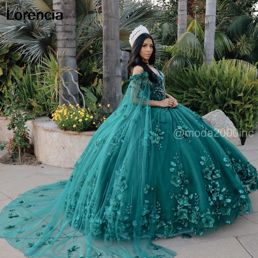 Lorencia-Vestido Quinceanera verde escuro brilhante, Vestido de baile, Applique 3D florido, Capa frisada, Espartilho, Sweet 16, 15 Anos, YQD963