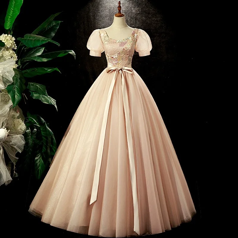 Robe de Quinceanera imprimée à col carré personnalisée, nœud à lacets, taille fine, robes d'occasion formelles, manches courtes bouffantes, émail élégant