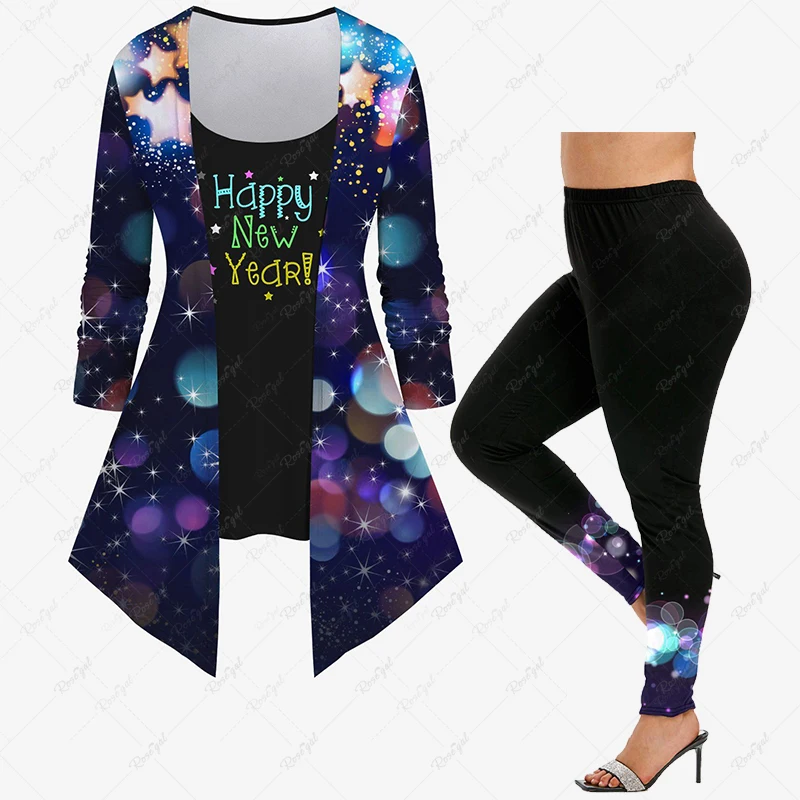 Casual Matching Set For Woman Glitter Colorful Stars Light Beam Bubble Letters Print 2 in 1 Long Sleeves T-shir Or Leggings Suit