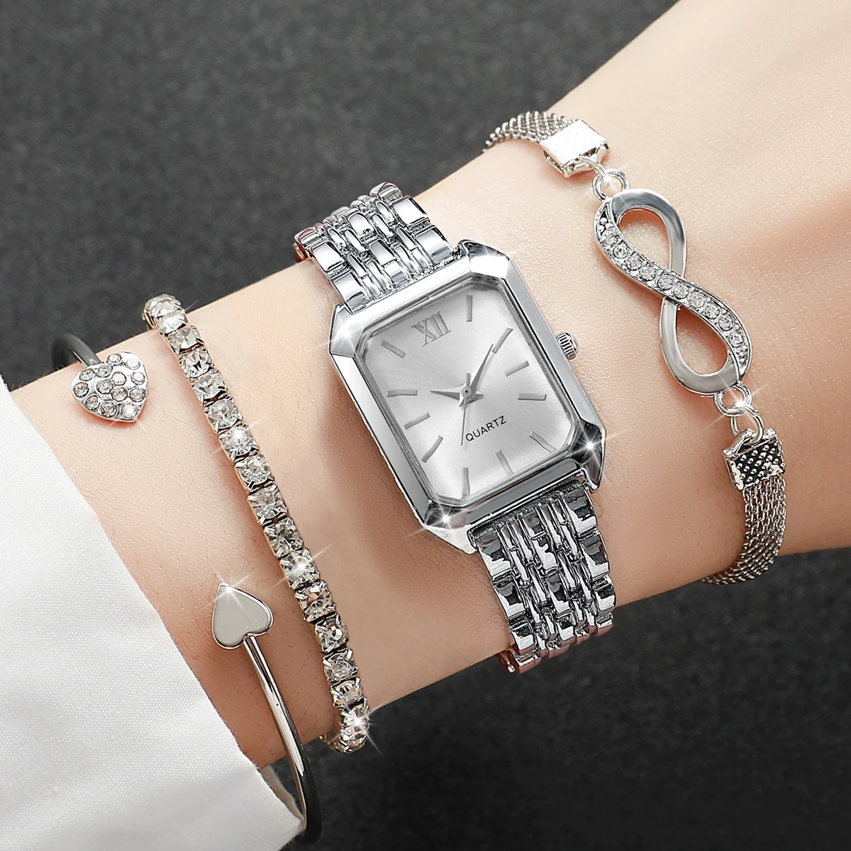 4PCS Fashion Women Quartz Watches Bracelets Set Ladies Rectangle Roma Dial Wristwatch Reloj Mujer(Without Box) image 3