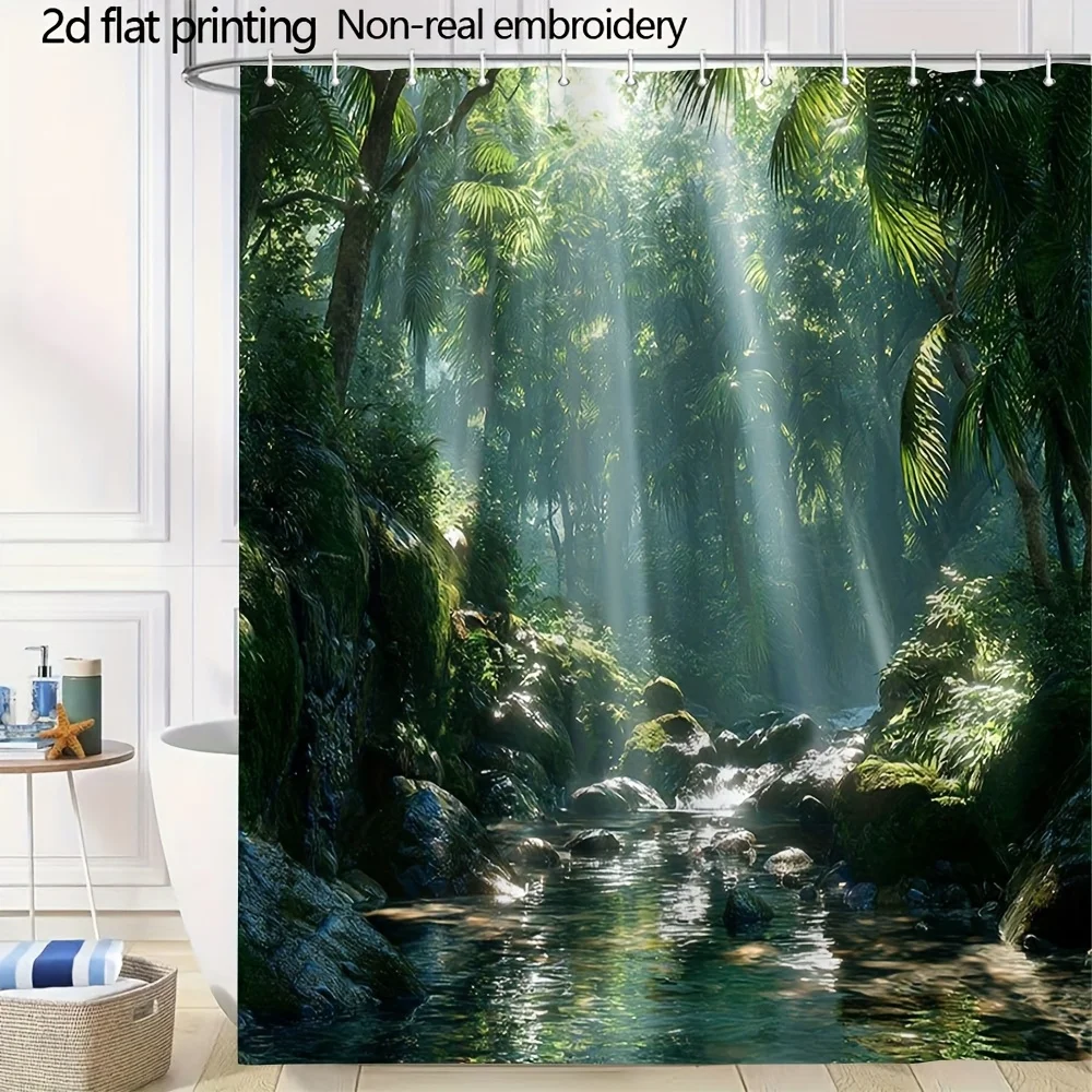 Digital Jungle Stream Illustration Shower Curtain 1pc with 12 Hooks for Bathroom Home Decor Polyester  70.8x70.8 Inch