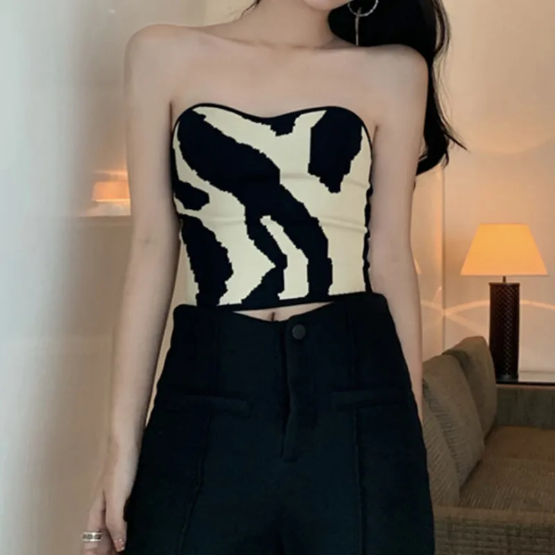 Women Strapless Crop Tops, Adults Summer Sexy Slim-fit Cow Print Boat Neck Tube Tops