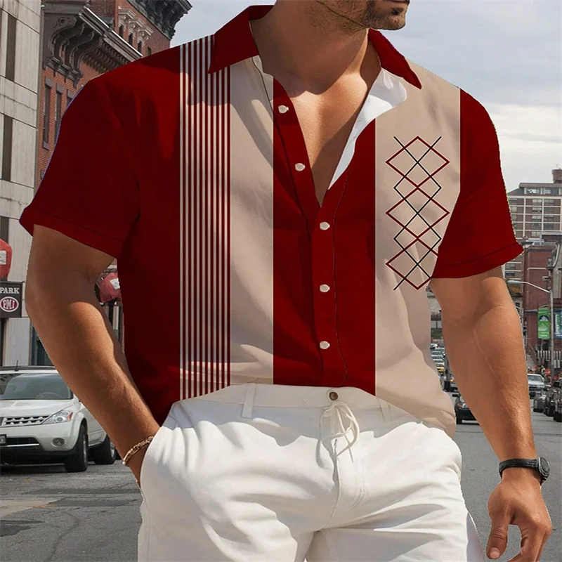 

Luxury men's shirt short sleeve Hawaiian shirt top casual fashion oversized loose cardigan retro red stripes stitching trendy sh