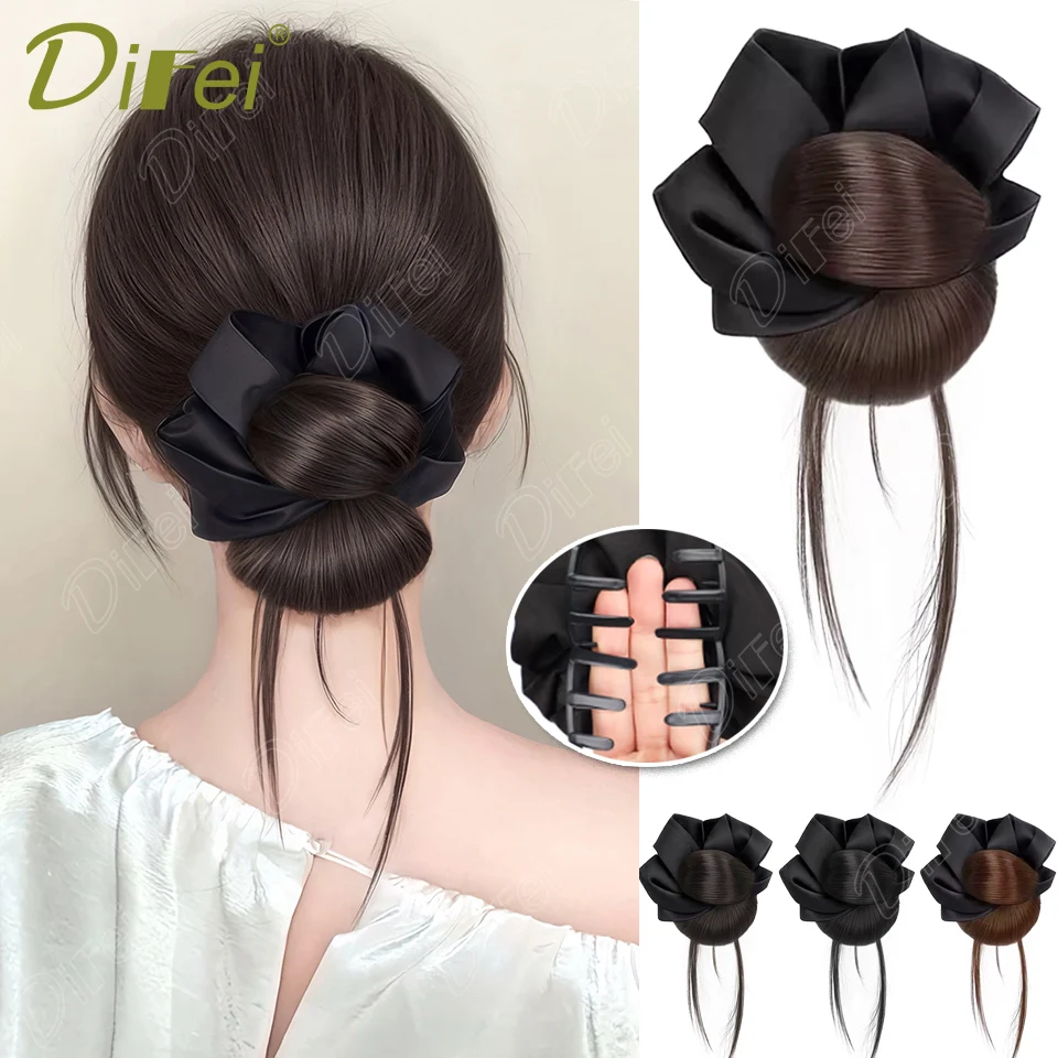 

Синтетический парик DIFEI Donut Bun, черный аксессуар для волос с прямыми волосами на клипсе, подходит для повседневной носки для новичков