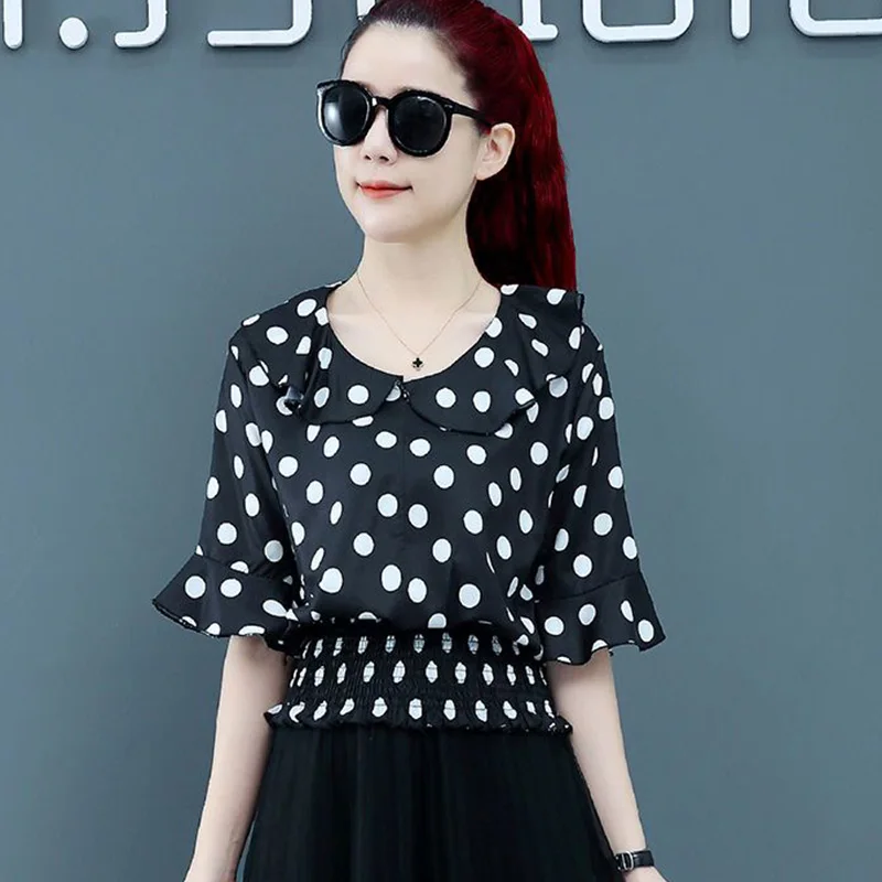 Elegante Ruffles emendado Shirring Polka Dot Blusa Roupas Femininas 2023 Verão Novo Casual Pullovers Coreano Flare Manga Camisa