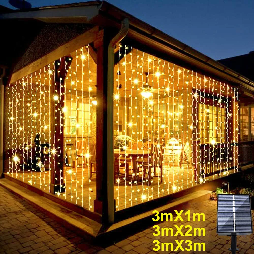 Solar LED Curtain Light Outdoor Garland Solar Fairy String Light Pavilion Garden Party Holiday Christmas Decor Copper Wire Lamps