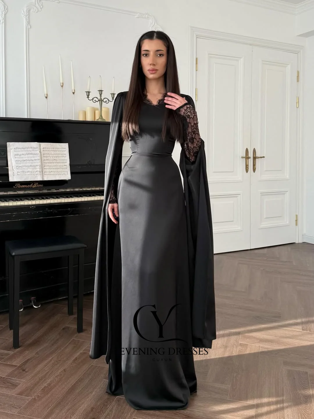 CUYUN Czarna Elegancka Suknia Wieczorowa Damska z Personalizowanymi Rękawami typu Peleryna, Satynowa Długa Sukienka na Bal Maturalny, Sukienki na Imprezy Półformalne, Sukienki na Przyjęcia Weselne