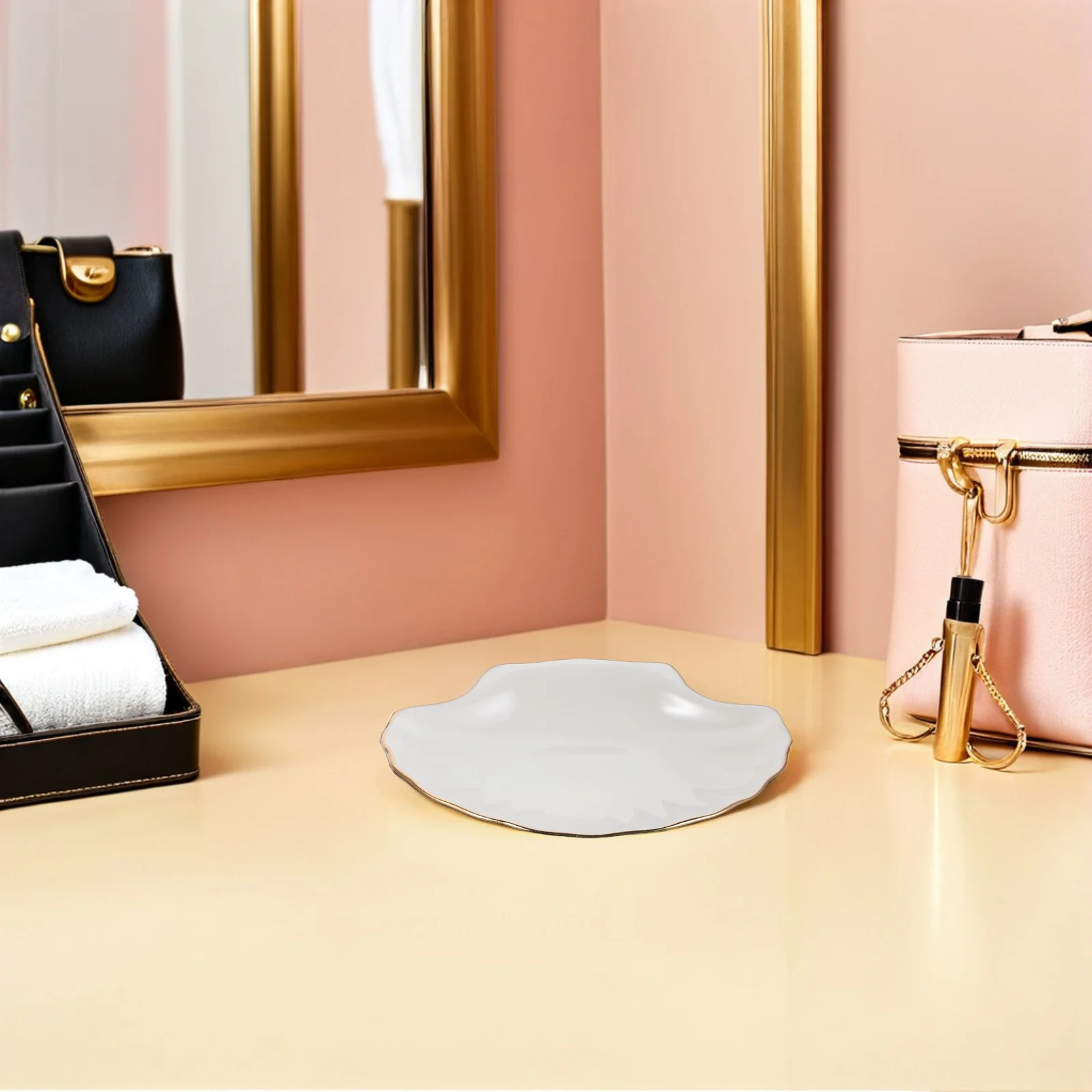 

Ceramic Jewelry Tray White Shell Shape with Gold Rim Luxury Vanity Dresser Organizer Ring Earring Holder Shell Dish for Jewelry