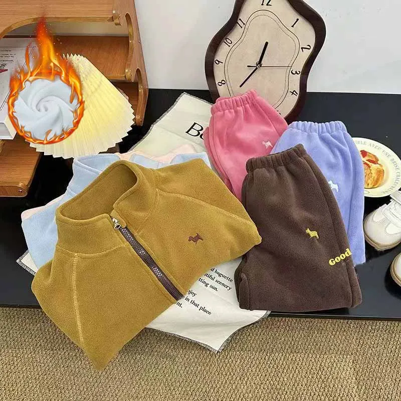 Kids Winter Fleece Soft Suits Children Plush Thick Casual Warm Top+Pants 2Pc Outfits Boys Outdoor Sporty Suits Girls Thermal Set