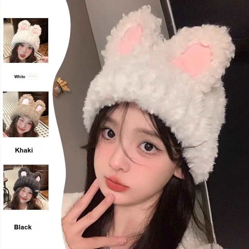 Cold Resistant Bunny Ear Plush Knit Hat for Women Korean Style Cute Sweet Warm Protective Autumn Winter Versatile Daily Cap