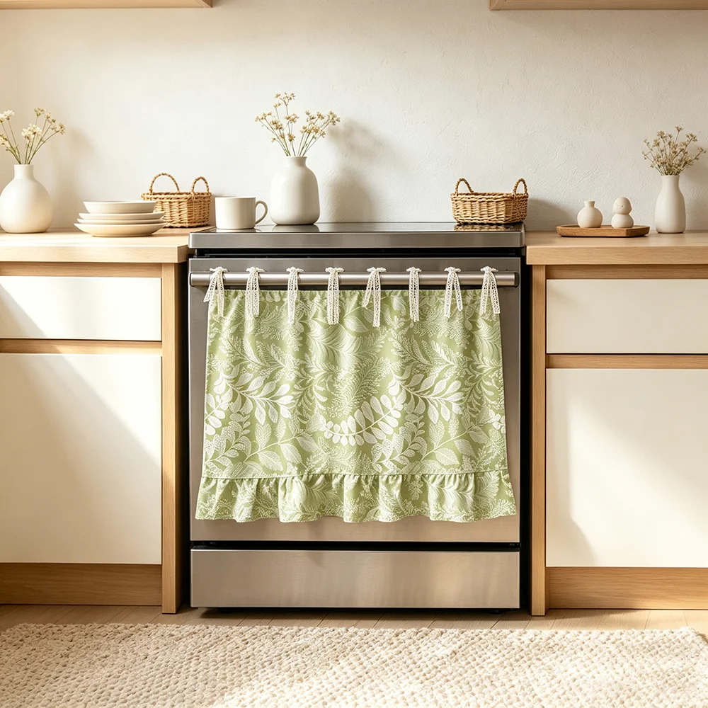 1pc Dishwasher Cover Curtain Green Foliage Print Lace Tie Ruffle Skirt Dustproof Machine Kitchen Home Decor Oven Shield Curtain