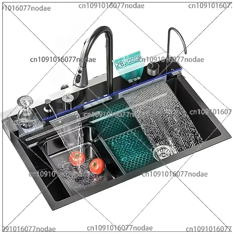 

Kitchen Sink, Multifunctional Kitchen Sinks,Stainless Steel Waterfall Smart Washbasin, Multiple Sizes,with Digital Display