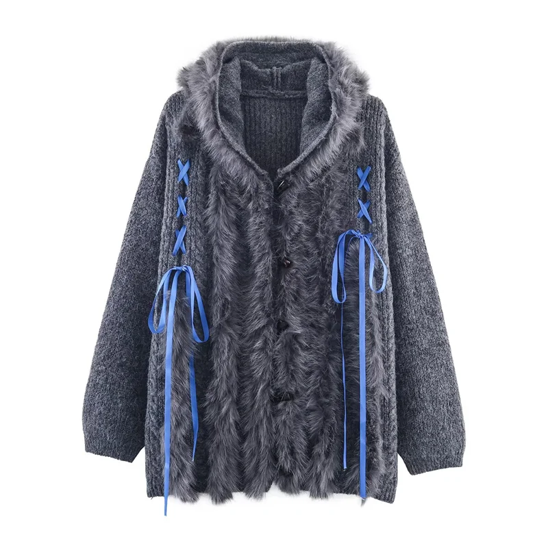 

Women's Sweater Jacket 2025 New Fashion Autumn and Winter Hooded Ribbon Knit Jacket for Women Causal Chic Ladies Cardigan Coat