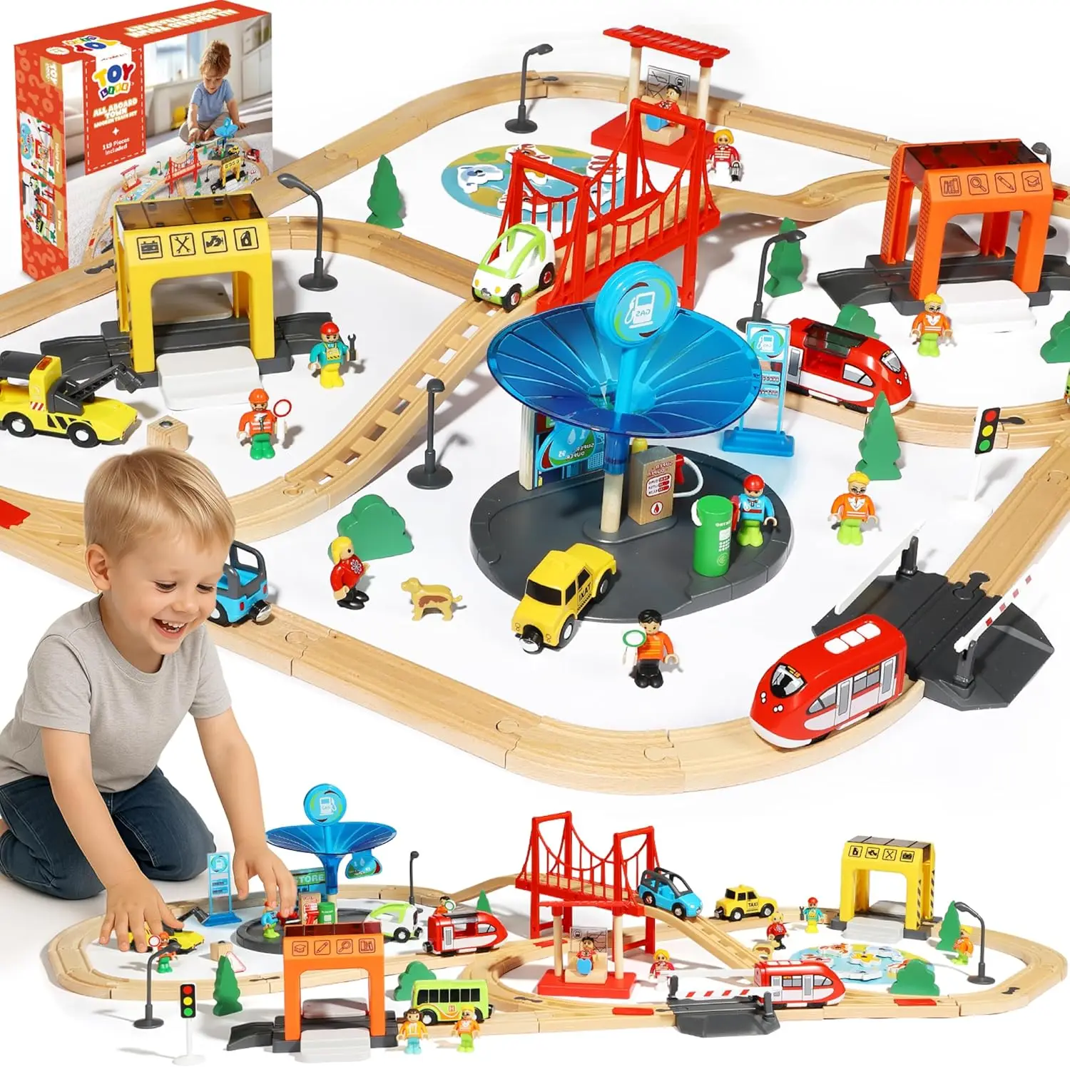 

Wooden Train Set for Toddlers 2-4, 119PCS City Train Toys with Wooden Train Track, Electric Train Set for Kids 4-8, Toddler Toys