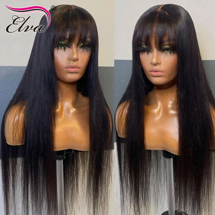 

Elva Hair Silky Straight Lace Front Human Hair Wigs With Bangs 360 Full Lace Wig Human Hair Pre Plucked 13x6 Lace Frontal Wigs