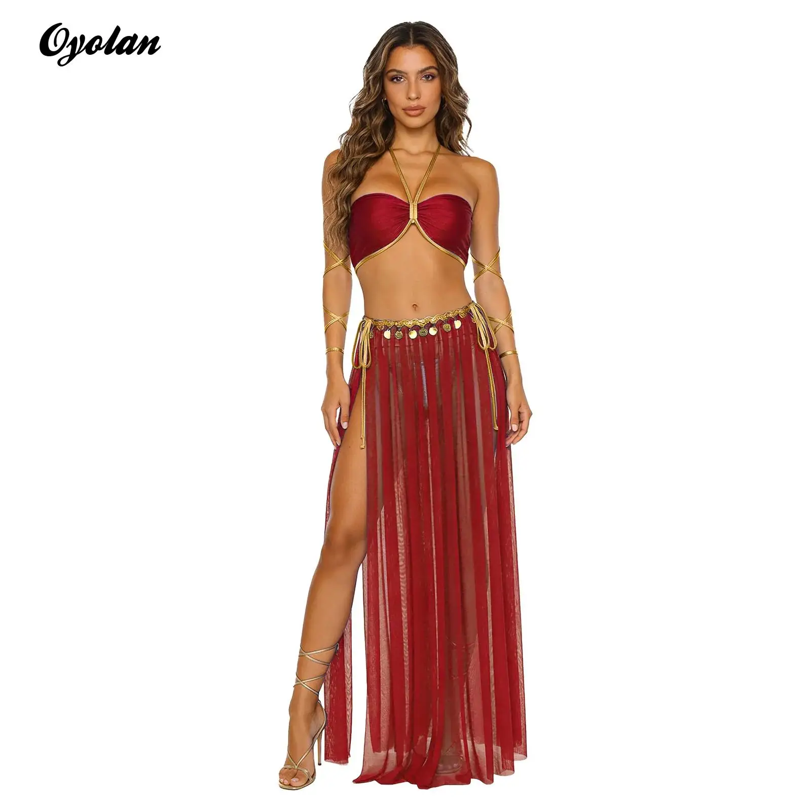 

Женский костюм для танца живота в стиле Клеопатры: топ-халтер с пайетками, юбка с боковым разрезом и металлическими блестящими трусиками