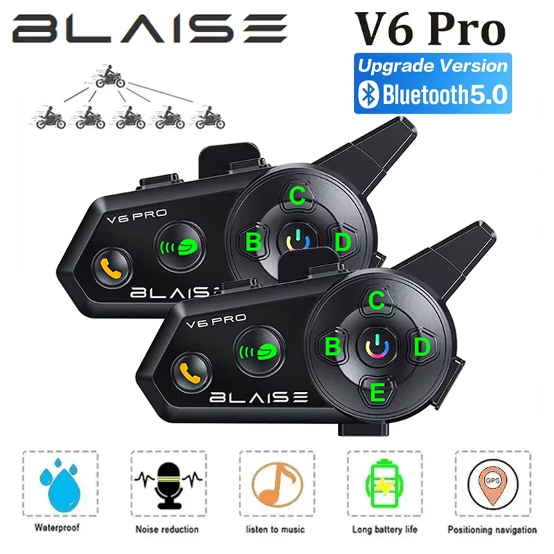 BLAISE V6 PRO Motorcycle Bluetooth Helmet Intercom Headset 1000M Interphone Communicator for 6 Riders Waterproof Music Player