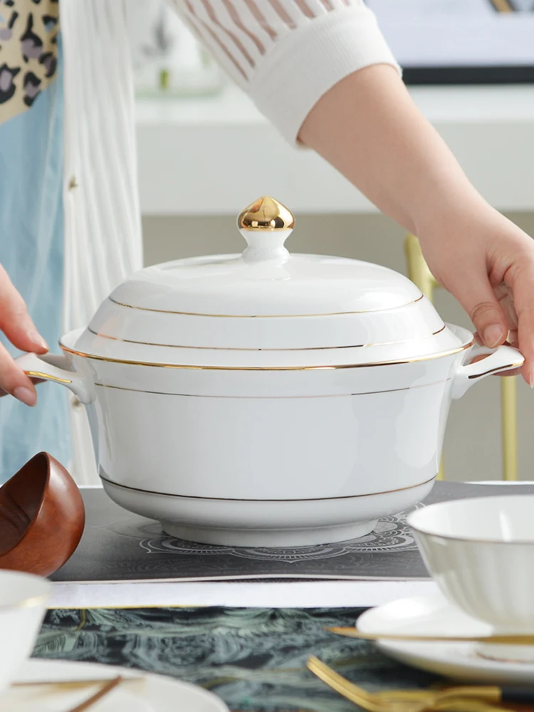 

Large Cerc Soup Bowl with Lid Bone China Deep Soup Di European Sle Double Earled Dinnerware Set 0 Inch for Home Use