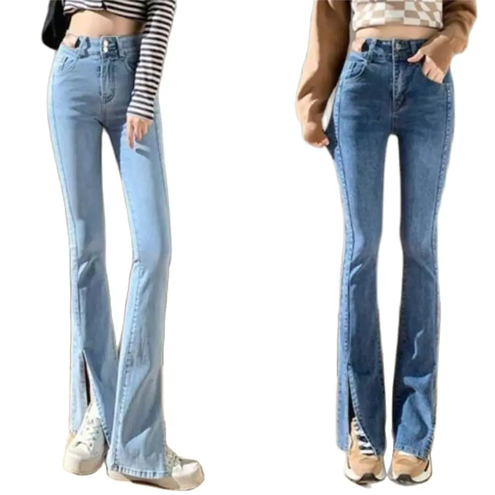 

Woman Denim Pants Jean Femme High Waist Full Length Slim Jeans Slit Bootcut Jeans Button Fly Women's Hem Flare Jeans Autumn