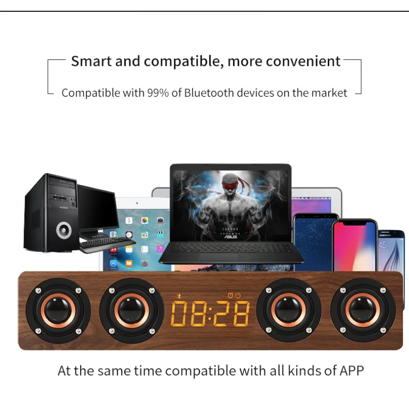 Wooden Bluetooth Speaker Alarm Clock Multi-function Wireless Subwoofer TV Soundbar Home Theater Column for Computer Speakers FM