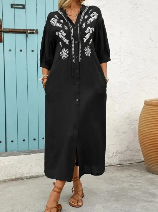 

Women's Dress 2026 Summer New Loose Slit Embroidered Five Quarter Sleeve Dress Fashionable Retro Printed Elegant Dress