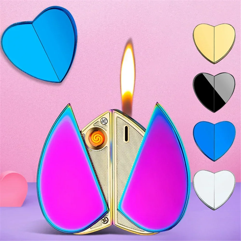 Heart-shaped Gas & Electronic Lighter Metal Windproof Rechargeable Refilling Dual-use Lighter Couple Family Christmas Present