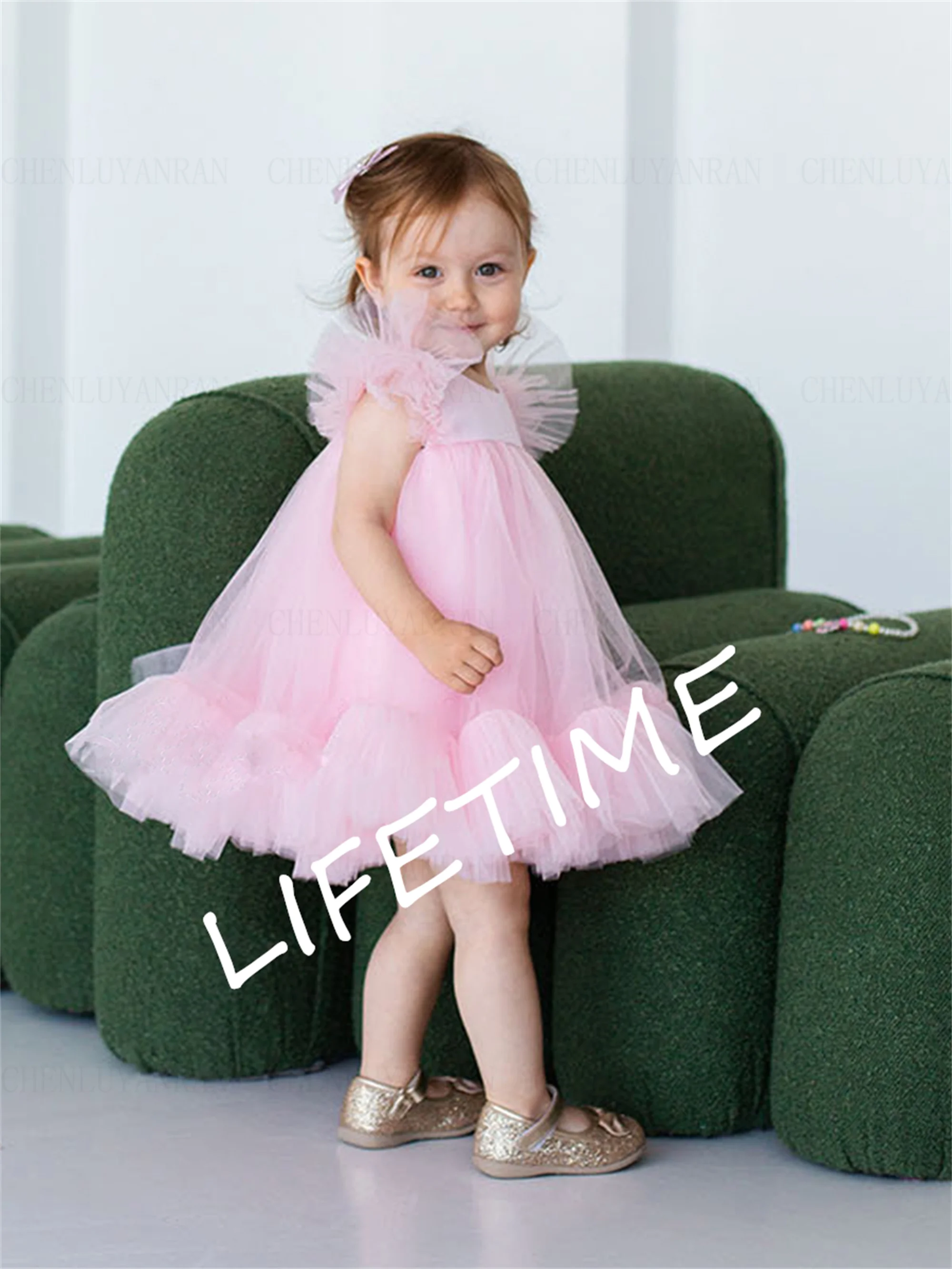 Pink Puffy Flower Girl Dresses O-Neck A-Line Girls Princess Wedding Party Dress Tea-Length Tulle First Communion Gown Dress