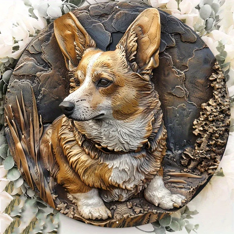

Bronze Corgi Statue of Our Favorite Dog Breed, Round Aluminum Wall Art, Home Decor, 8x8in, 1PC