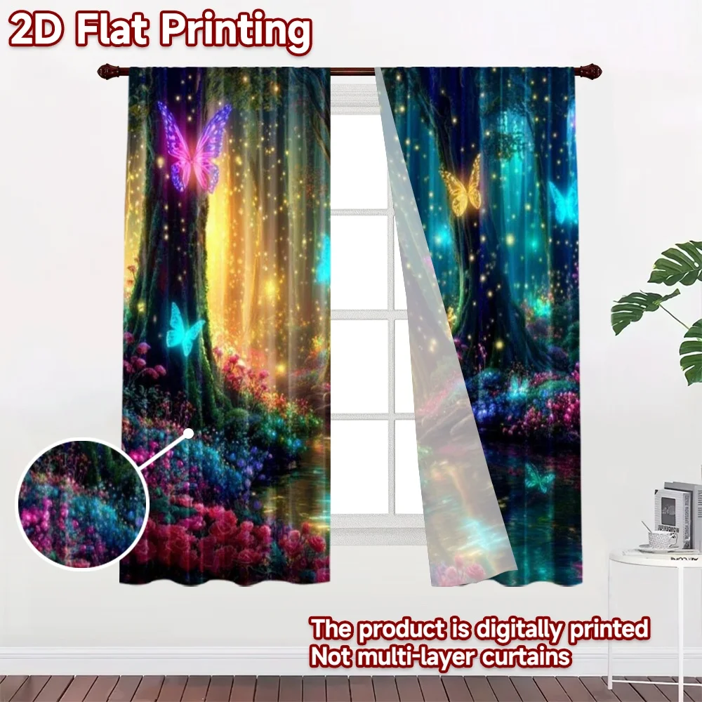 2D flat printing 2pcs Party Window Curtains Enchanted Forest Butterflies Glow Digital Printed Polyester Drapes Seasonal Party &