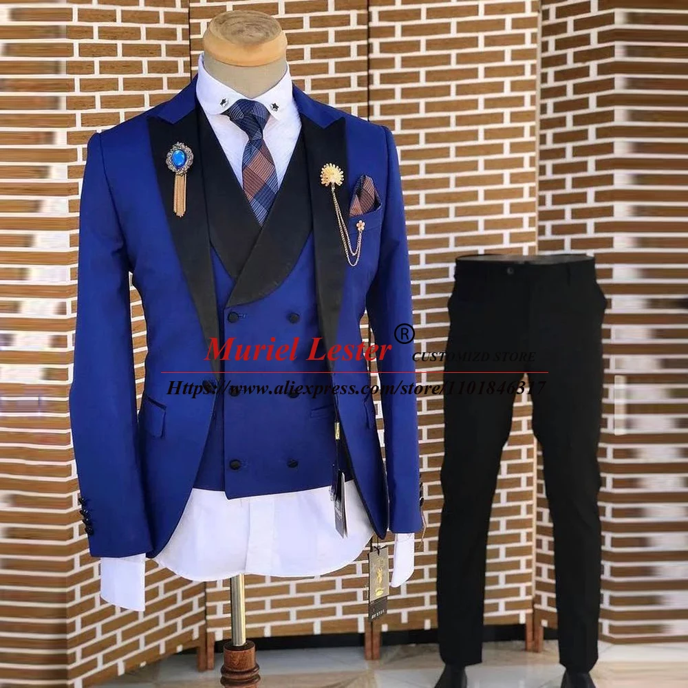 

Classic Suits Men Formal Groom Wear Wedding Tuxedo Black Peaked Lapel Royal Blue Blazer Tailore-Made 3 Pieces Business Clothing