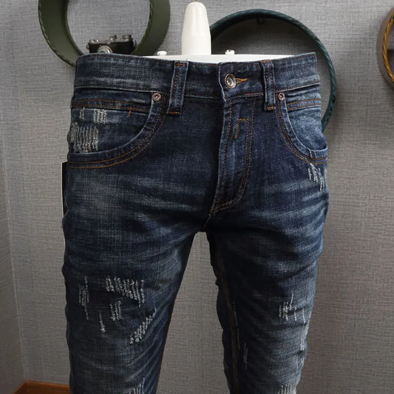 Fashion Trendy Men Jeans Retro Dark Blue Elastic Stretch Slim Fit Ripped Jeans Men Vintage Trousers Designer Denim Pants Hombre