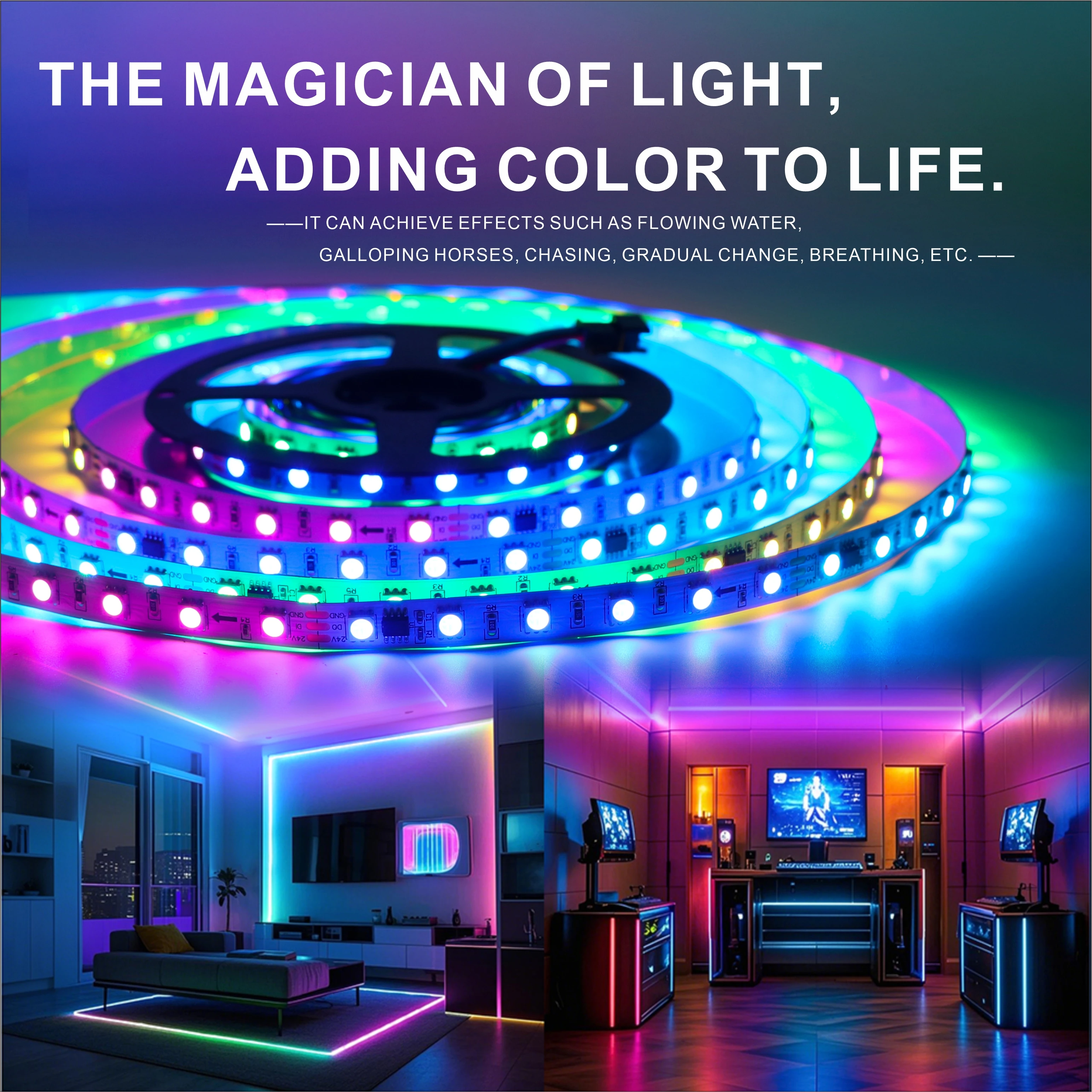 DC24V Color-changing LED strip light, WS2811 model, smart programming function. dazzling ambient light suitable for bars, KTVs