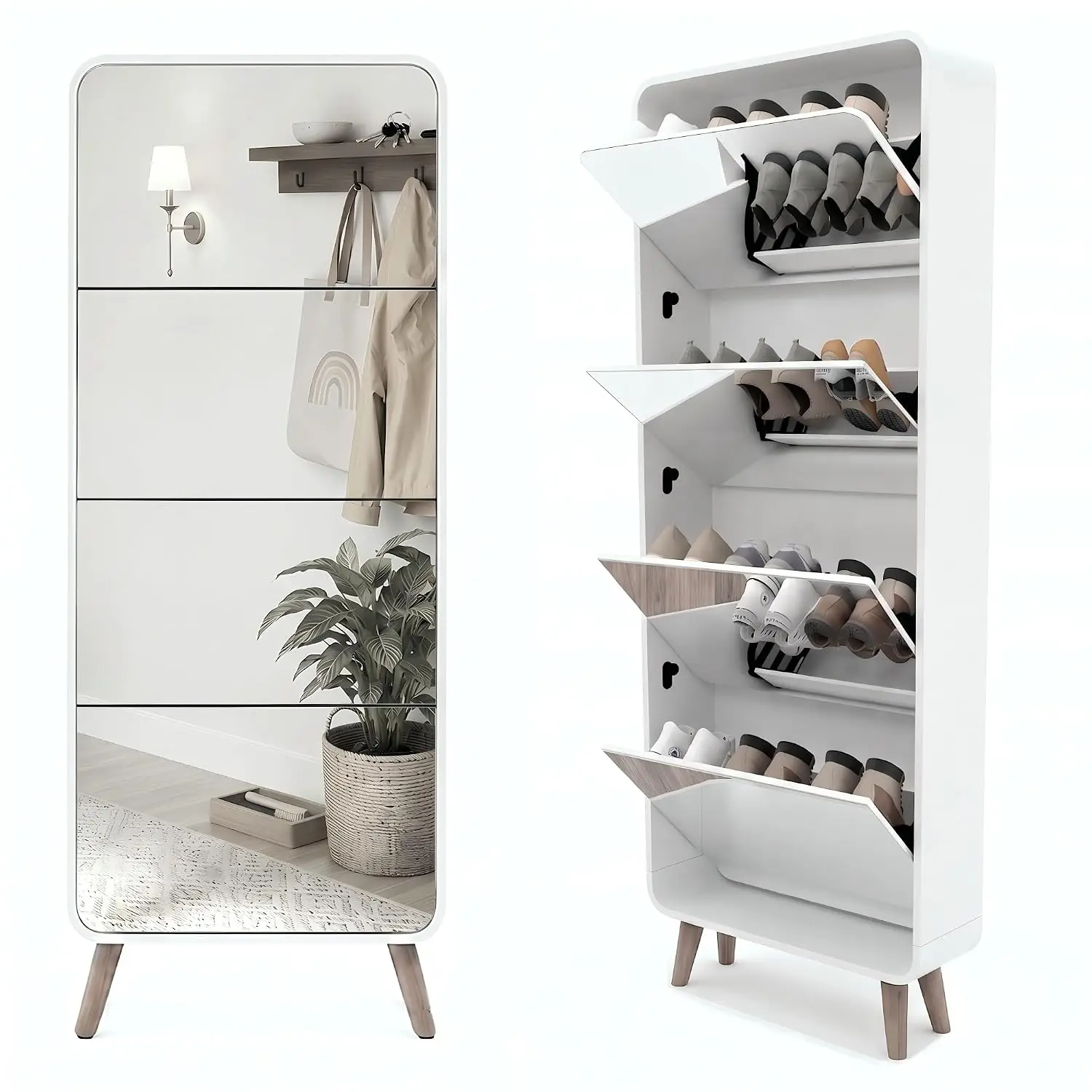 Mirror Shoe Cabinet 4 Flip Drawers Entryway Organizer Wooden Slim Hallway Furniture, Customized