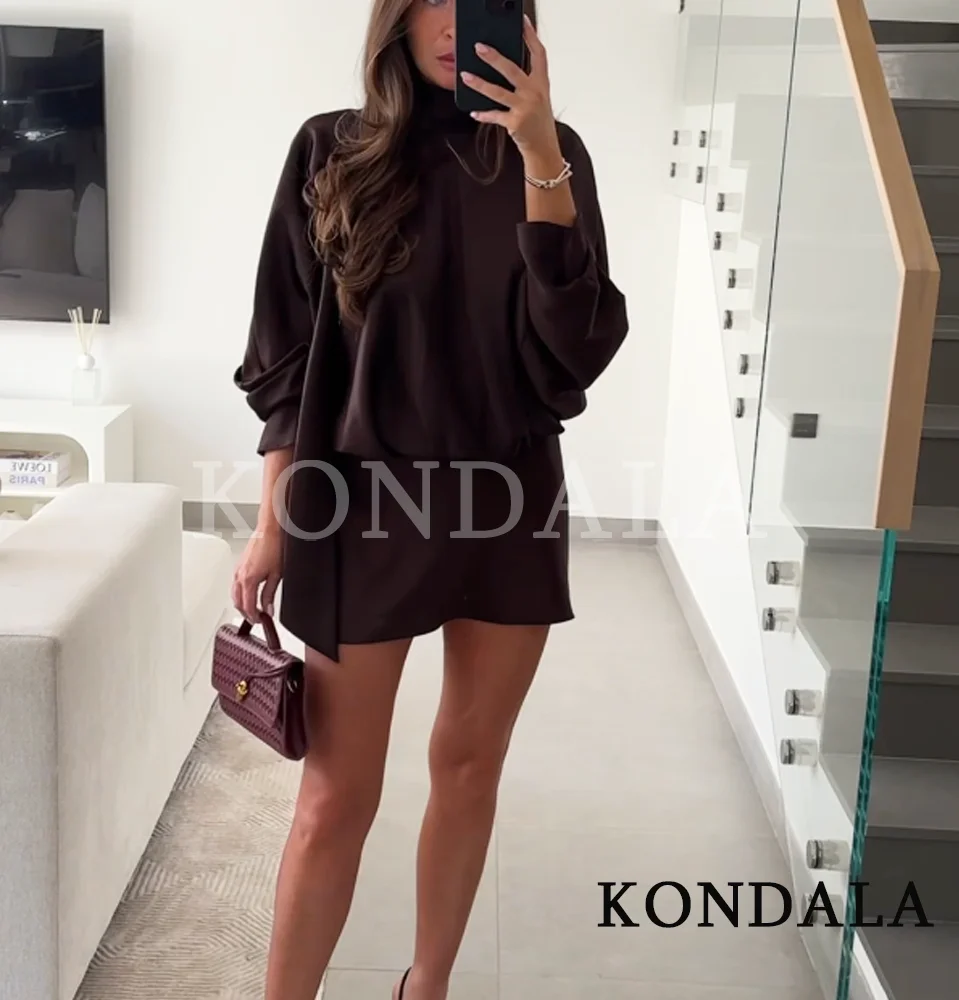 KONDALA elegante bufanda vestido de satén con cuello mujer café marrón Vestido corto de manga larga 2026 Primavera Verano moda vestido de fiesta para mujer