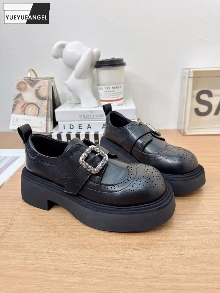 

British Style Solid Color Round Toe Buckle Genuine Leather Pumps Breathable Thick Platform Casual Lady Shoes Hot Sale Footwear