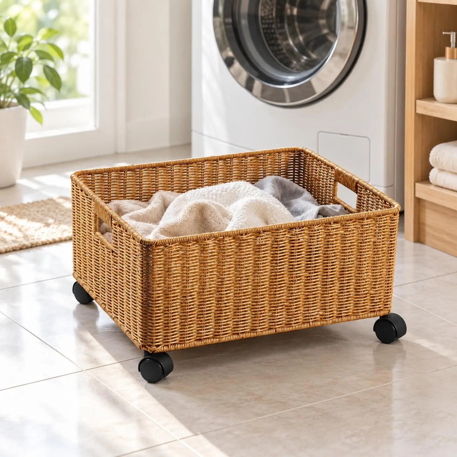 Handwoven Plastic Storage Basket with Casters Rolling Laundry Organizer Basket for Home Bathroom Use