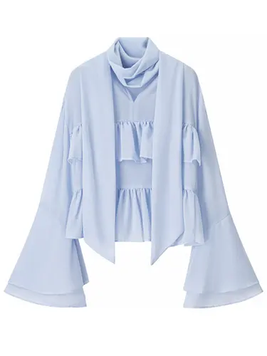 Imagen 2 del producto 2025 Camisas con volantes y mangas acampanadas holgadas translúcidas Vintage para mujer, blusas elegantes de gasa azul con capas de calle alta