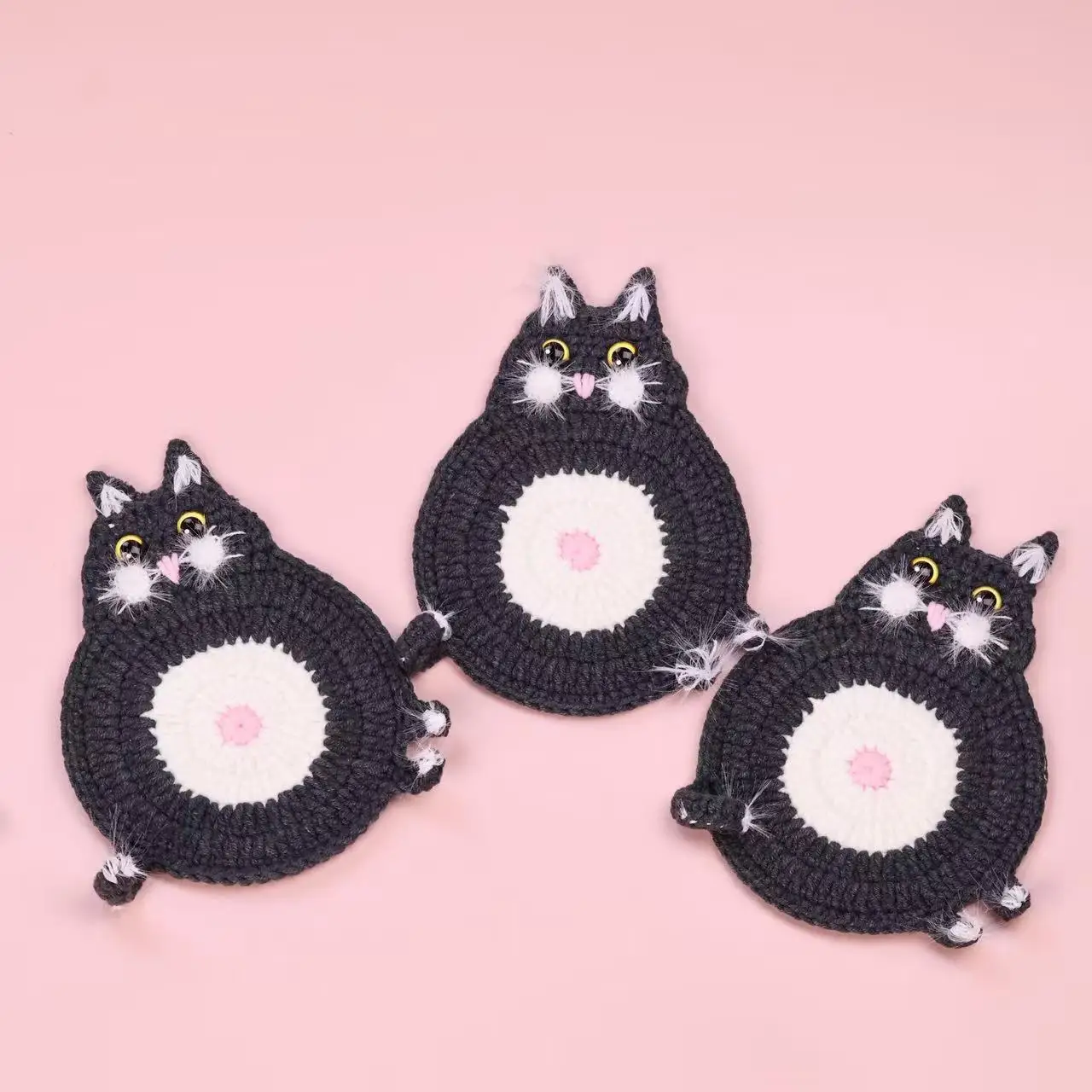 Kreative Häkel-Katzen-Tasse, handgefertigte gestrickte Tier-Kaffeekissen, niedliche Katzen-Tassenunterlage, Schreibtischdeko – Detail 1