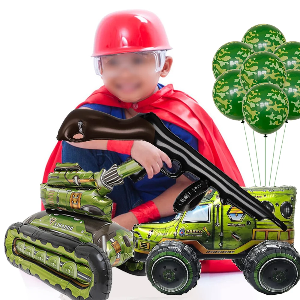 Army Camouflage Party Foil Tank Plane Balloon Camo Latex Balloon Banner Cake Toppers for Boys Military Birthday Decorations Toys