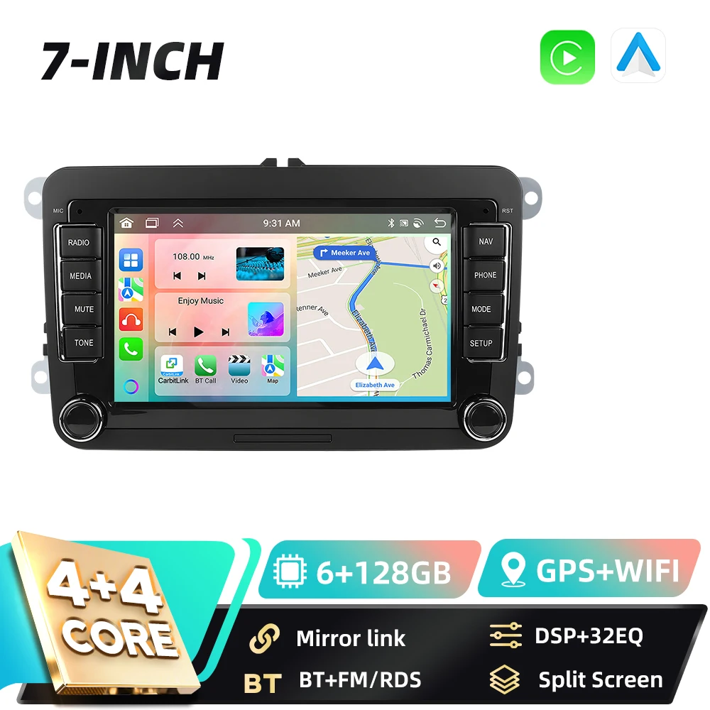 Podofo 7-Zoll Android 2Din Autoradio für VW POLO Seat Altea JATTA PASSAT GOLF mit Carplay, Android Auto, GPS-Navigation, DSP, BT, FM, RDS
