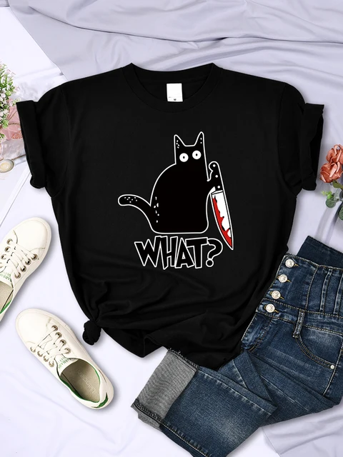 Nóż kuchenny Czarny kot Co? Drukuj Kobiece modne, oddychające koszulki z krótkim rękawem Letnie fajne koszulki Street Hip Hop Tops