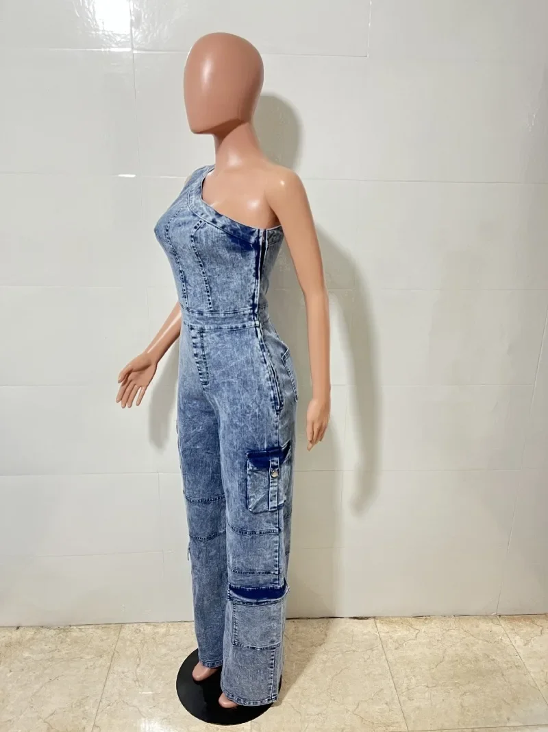 GUWU 2025 Fashion Women’s Jumpsuits One Shoulder High Waist Slim Fit Elastic Washed Denim One Piece Oufit Rompers