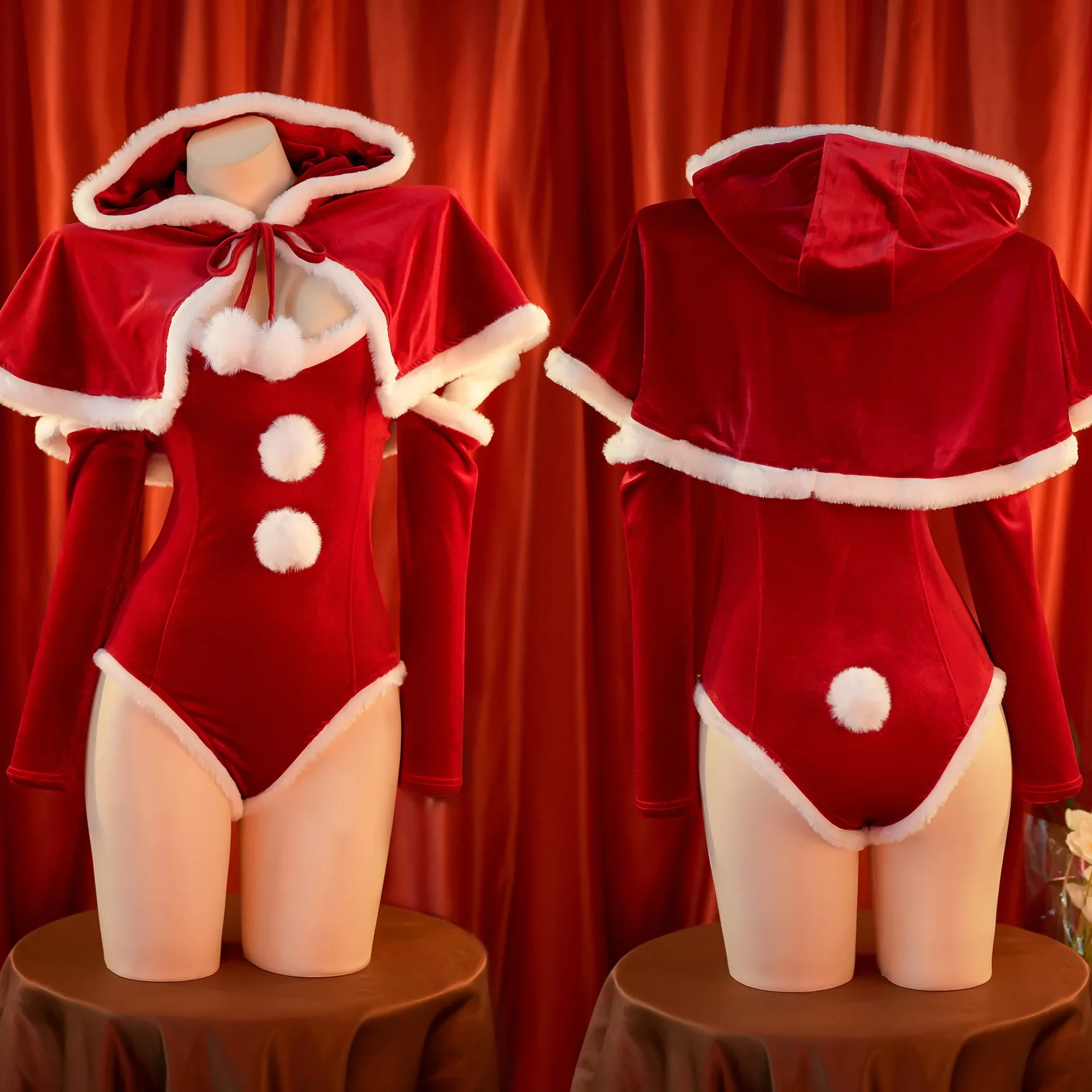 Anime Christmas Uniform Bodysuit with Cloak Red Stockings Outfits Cosplay Costumes New Year Plush Nightgown Underwear Outfits