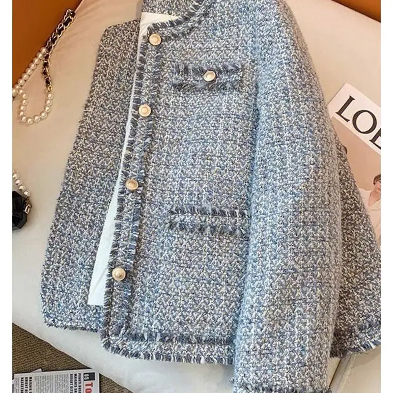 Stylish Blue Tweed Outerwear Spring Autumn New Korean Drama Style Elegant Lady's Top Polyester Fiber Long Sleeve round Neck B...