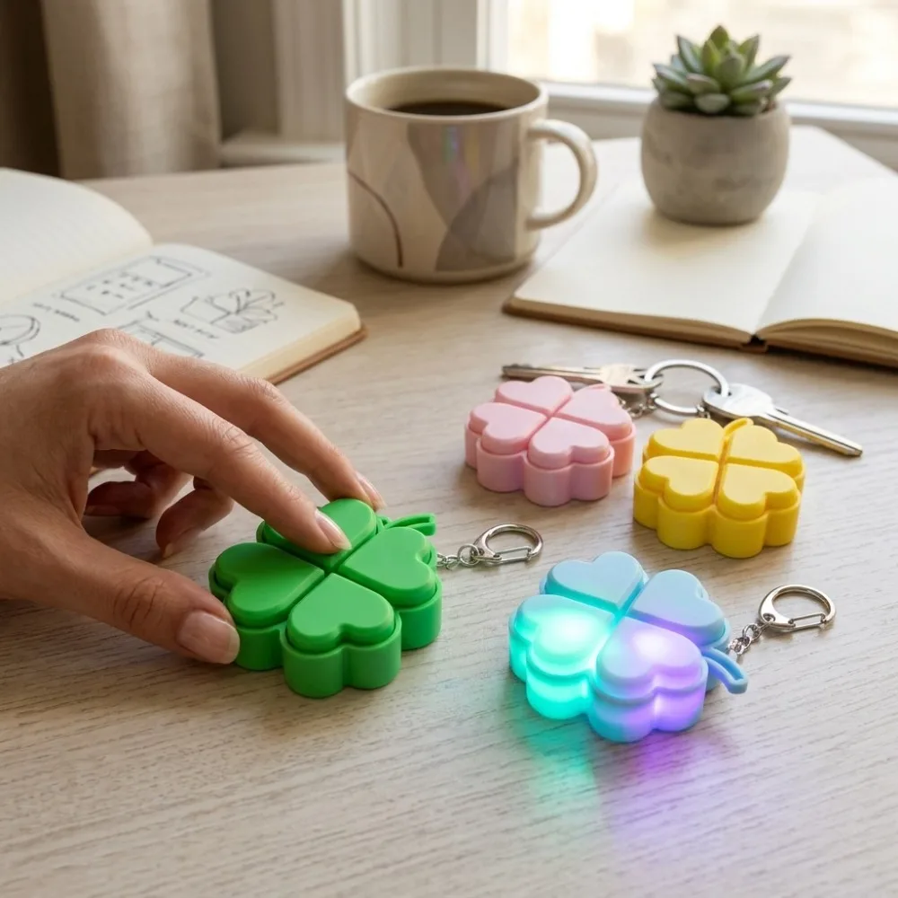 Glücksbringer Vierblättriges Kleeblatt Leuchtender Schlüsselanhänger Tragbarer Finger-Clicker Entspannungs-Charm Leuchtender Rucksack-Anhänger als Geschenk – Detail 5