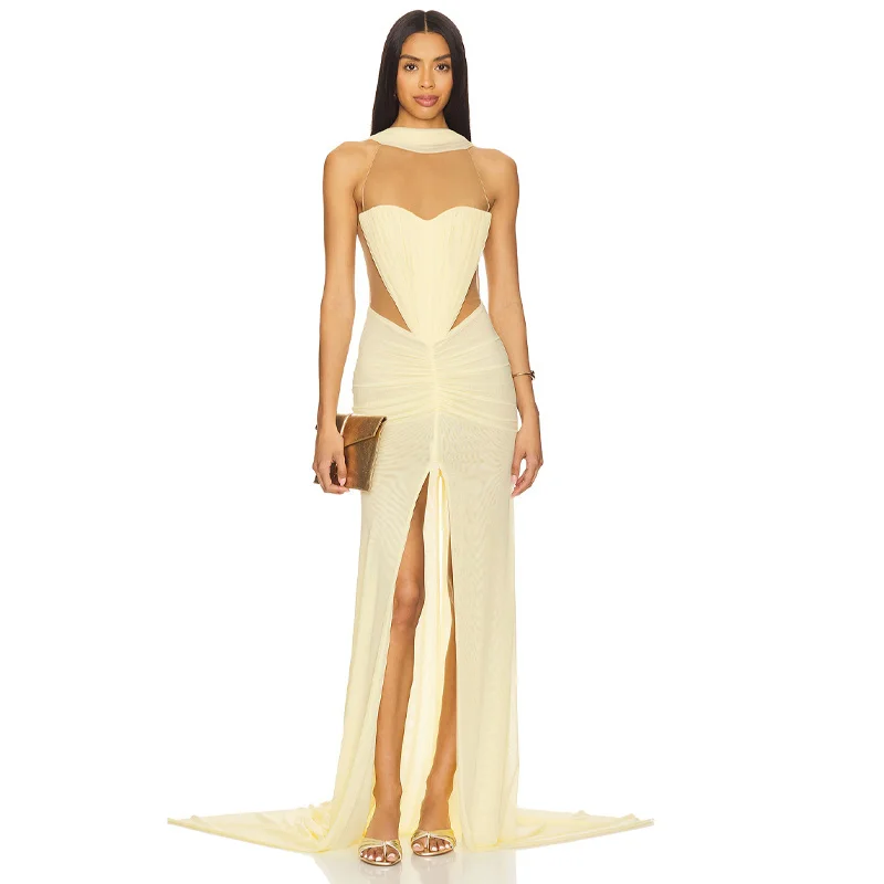

Новое сексуальное светло-желтое платье без рукавов с прозрачной талией для женщин, облегающее плиссированное вечернее платье с разрезом Zou, длинное