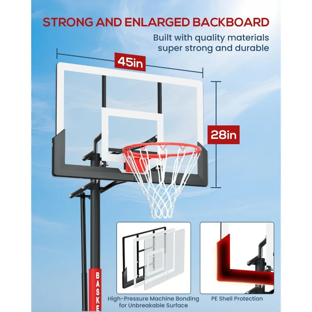 Verstelbaar basketbalringsysteem voor buiten, 7,5-10ft met slinger, geschikt voor alle leeftijden, 45-54 inch gehard glazen bord