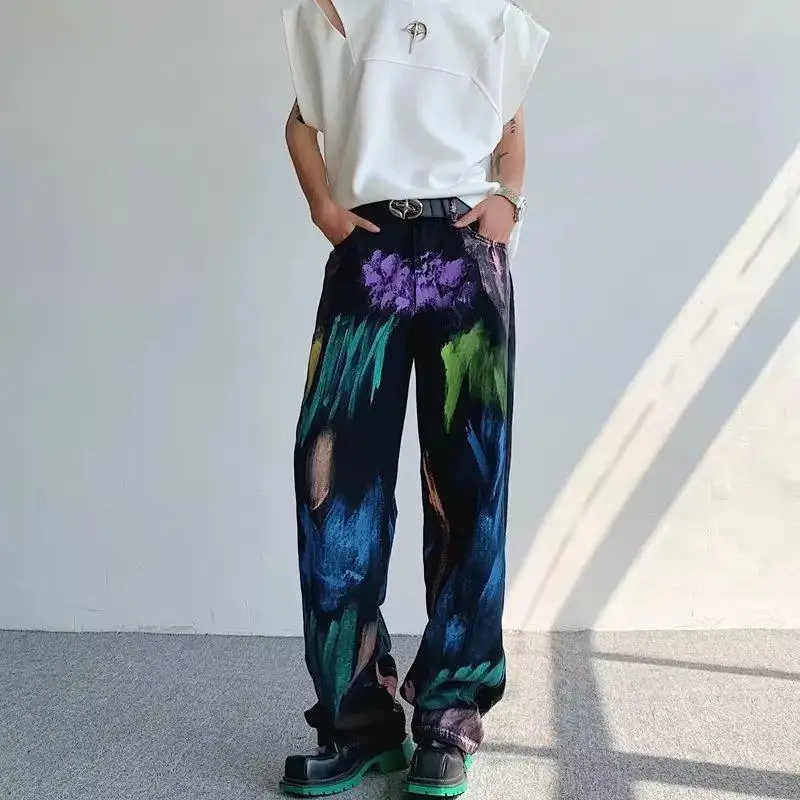 

Fashion Casual Straight Leg Design Sense Niche Wide Leg Pants Loose Color Jeans Y2k Summer New American Tide Hip Hop Goth Pants