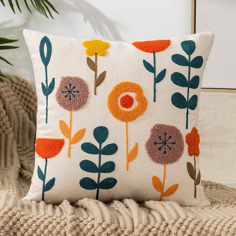 Cotton Canvas Cushion Cover, Retro Embroidered Pillowcase, Living Room Pillow Case, Sofa Chair, Home Decor